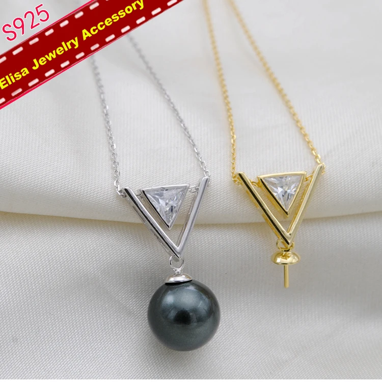 Triangle Design Pendant Necklace Findings S925 Sterling Silver Pearl Pendant Components Silver&Gold Color 3Pieces/Lot