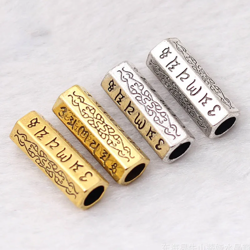 2pcs/Lot Buddhism Mantras Craft Engraved Long Tube Beads Antique Silver Color Spacer Beads Fit Jewelry Make DIY Beaded Material