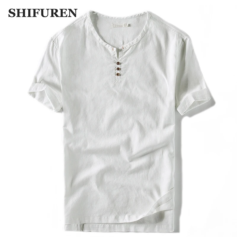 

SHIFUREN New Summer Men's Linen Cotton Shirts Short Sleeve Breathable Soft Causal Male Blouse Shirts Solid Color Size M-4XL