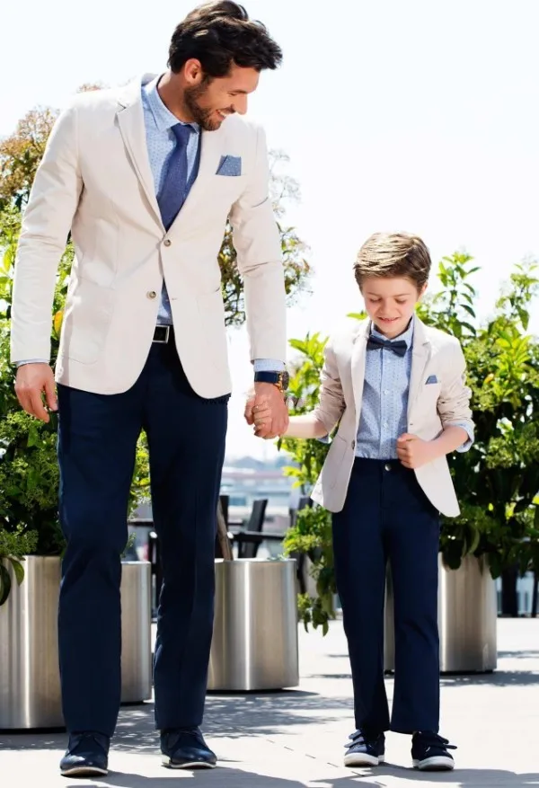 Beige Blazer Navy Blue Pants Casual Father And Son Suits Fashion Family Matching Clothing Custom Made Boys Kids Prom Party Suits