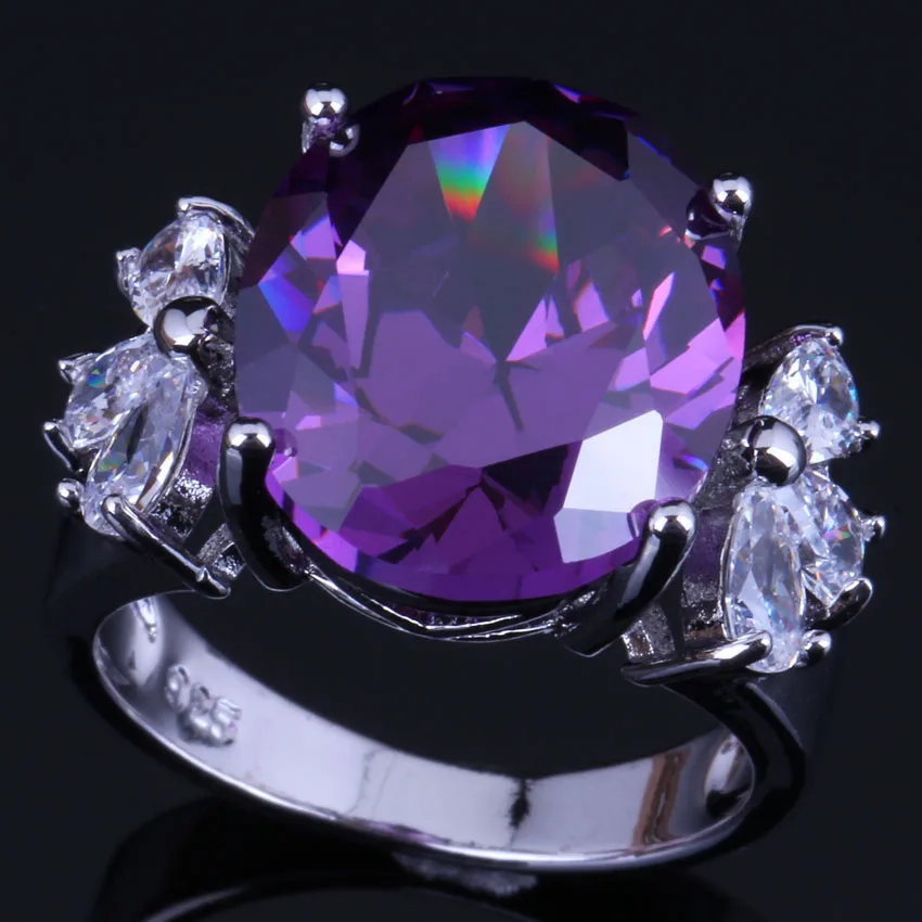 Delightful Oval Purple Cubic Zirconia White CZ Silver Plated Ring V0612