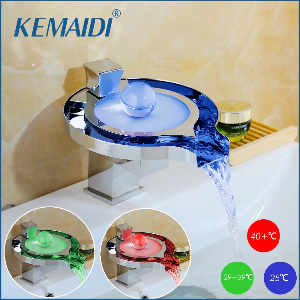 

KEMAIDI Led Bathroom Faucet Brass Chromed Waterfall Bathroom Basin Faucets 3 Color Change Water Power Hot Cold Mixer Tap