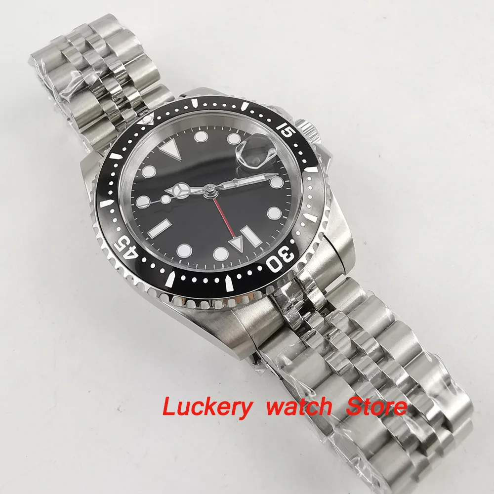 40 Mm Parnis Hitam Ceramic Bezel Hitam Panggil Merah GMT Bercahaya Tanda Sapphire Otomatis Pria Watch-PA75