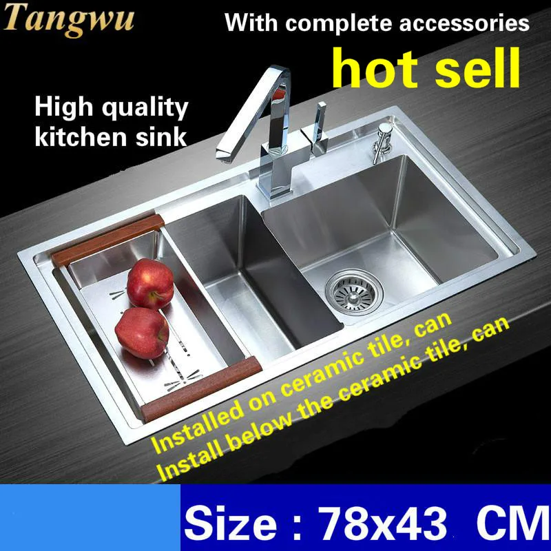 Free shipping Luxury fashion kitchen sink manual double - groove 4 mm thick food grade 304 stainless steel durable 780x430 MM