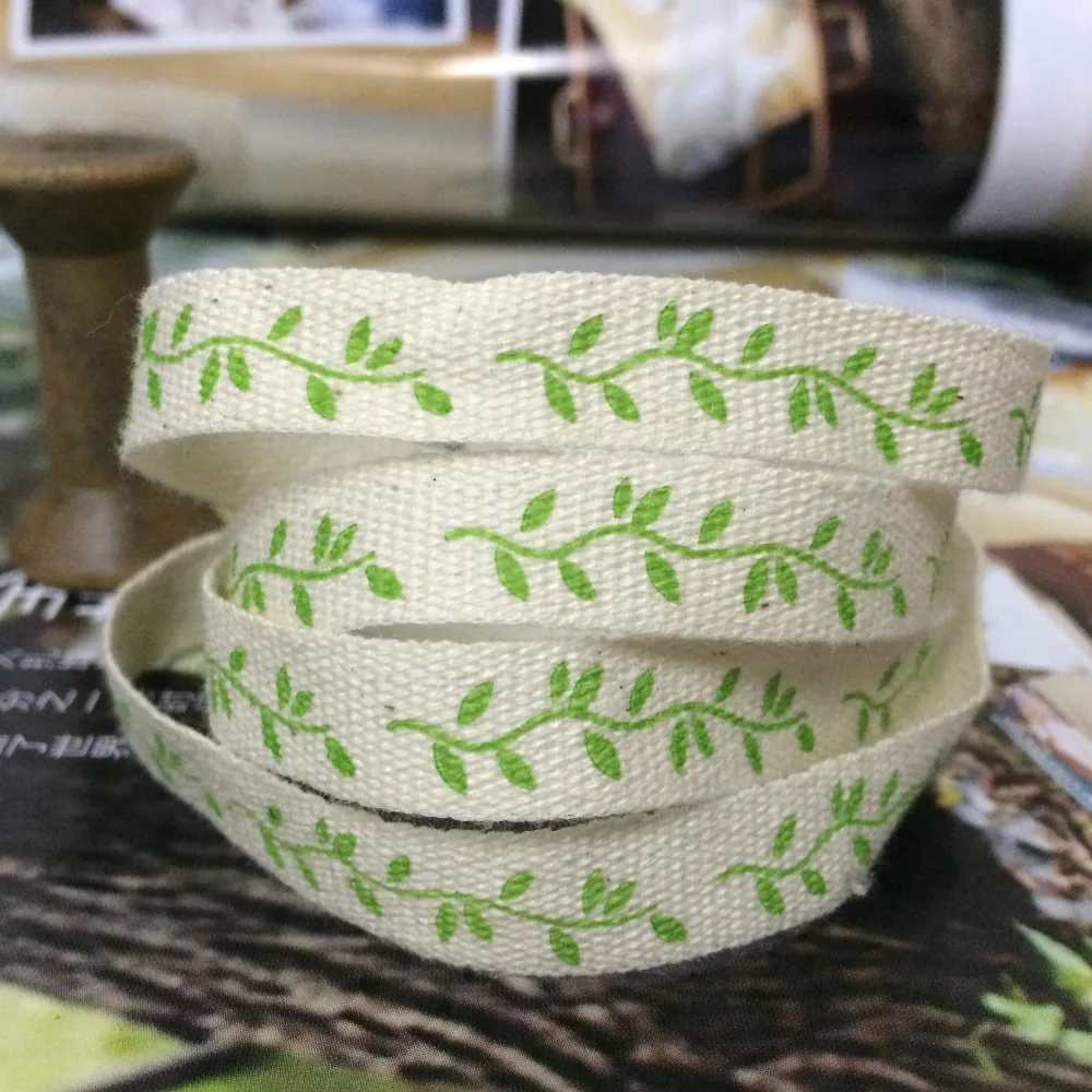 Ecru bold 100% cotton ribbon printing green leaves ZAKKA HANDMADE 3/8 