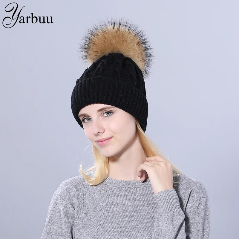 

[YARBUU]mink fur ball cap pom poms winter hat for women girl 's hats knitted beanies cap Girl'S Wool Hat Cotton Skullies Female