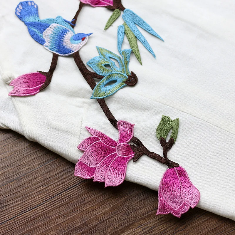 Large Size Magnolia Flower with Bird Embroidered Patch Sewing Applique Clothes Shoes Bags Decoration Patch Apparel DIY Patches