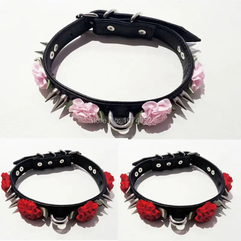 Women Fashion Leather Necklace, Double Studded Punk Goth Emo Kawaii Double Spikes Choker, Pu Leather Flower Collar Necklace