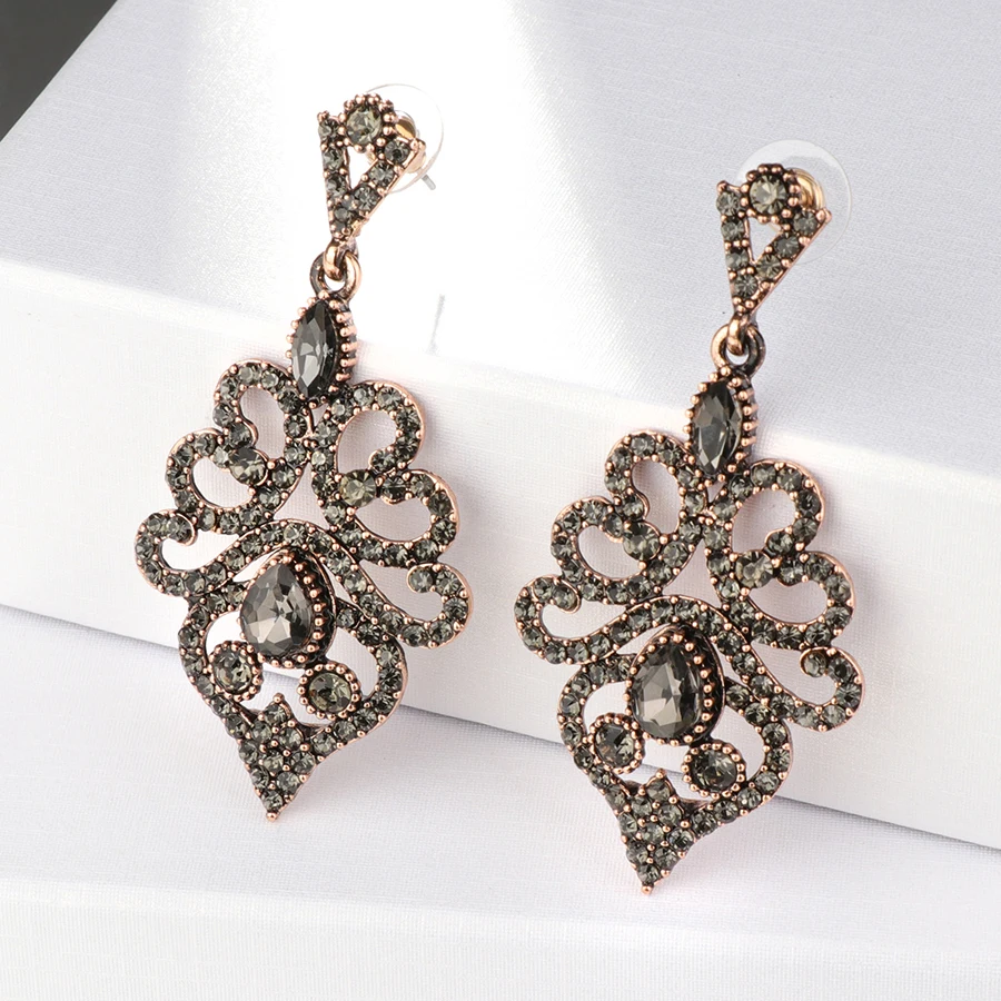 Kinel Boho Women Earrings Antique Gold Vintage Drop Earrings Gray Crystal Flower Ethnic Turkish Jewelry