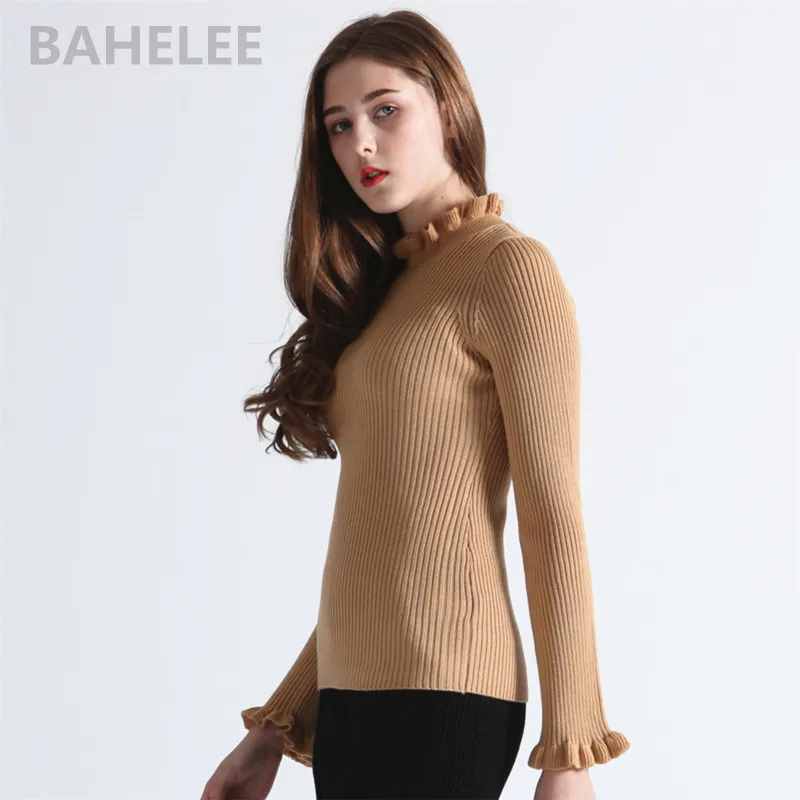 BAHTLEE-Women's Wool Pullovers, Knitted Sweater, Long Sleeves, O-Neck, Ruffles, High Elastic, Slim-Fitting, Spring, Autumn