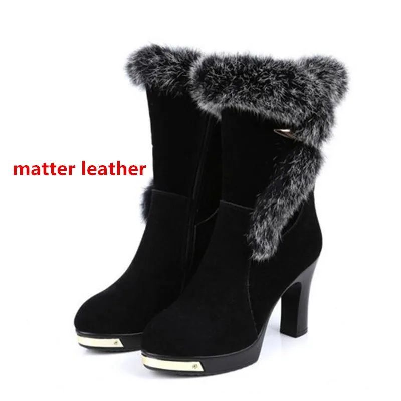 ZXRYXGS 2024 New High-end Real Rabbit Fur Cowhide Autumn Winter Shoes Woman Boots High-heel Boots Fashionable Warm Snow Boots