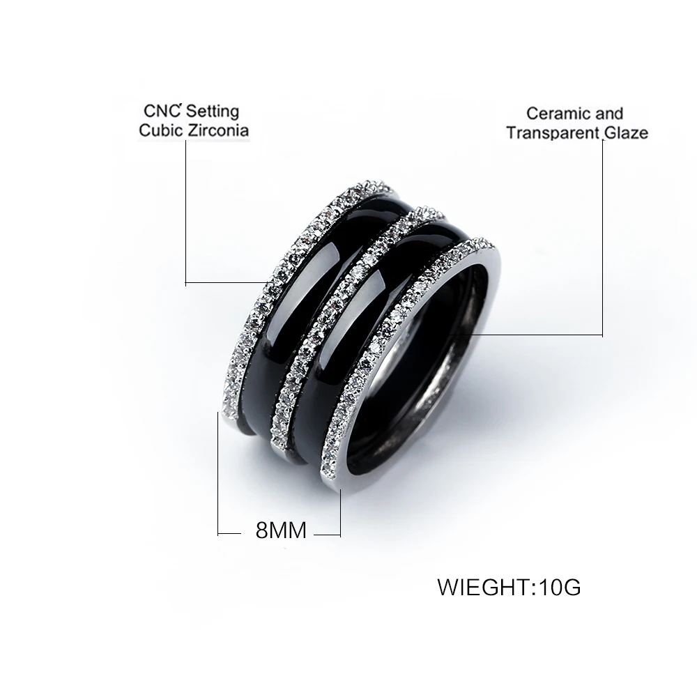 8MM Width Stainless Steel Women Men Rings Jewelry Three Row Rhinestone Bright Black White Ceramic Rings Never Fade Jewelry Gift