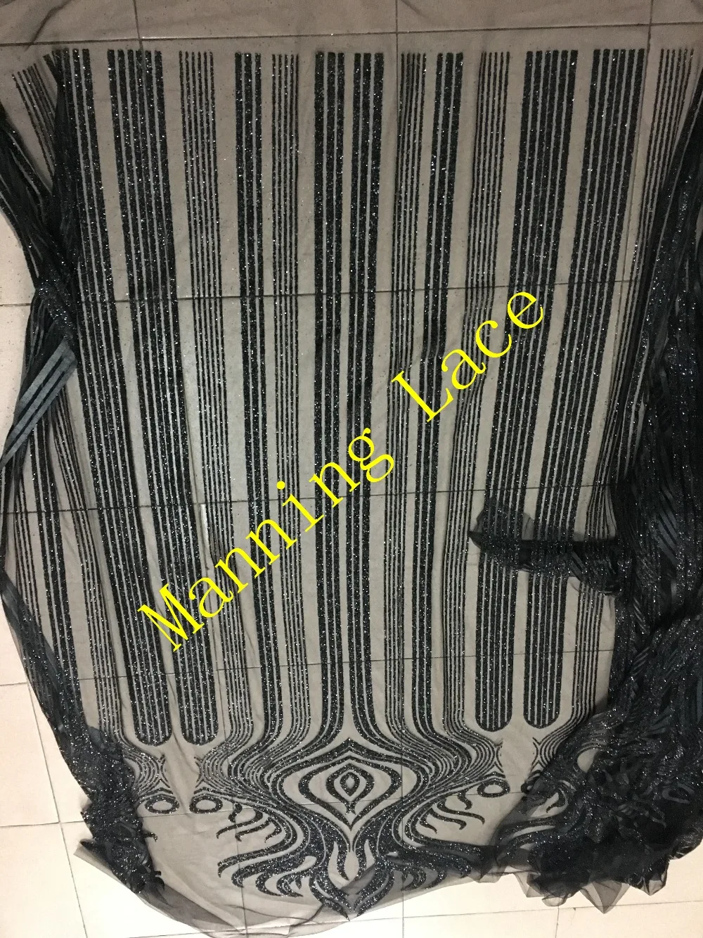 

NEW design Manning-2805 glitter sequins French lace fabric African tulle glitter lace for bridal dress in black color