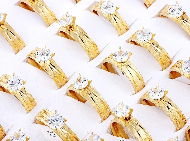 Wholesale Lots Job 5Pcs Golden Crystal CZ Stone 316L Stainless Steel Ring Engagement Wedding Party Bride Xams Gift 17-21MM