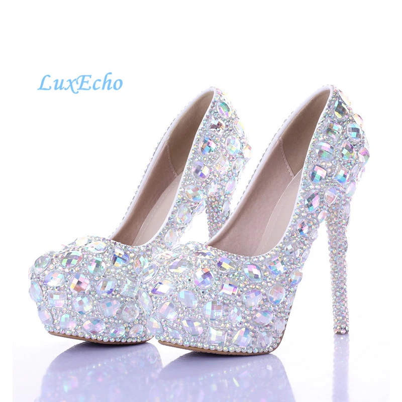 Love Moments AB Multicolored rhinestone Wedding shoes ultra high heel Platform shoes round toe bride shoes shallow big size shoe