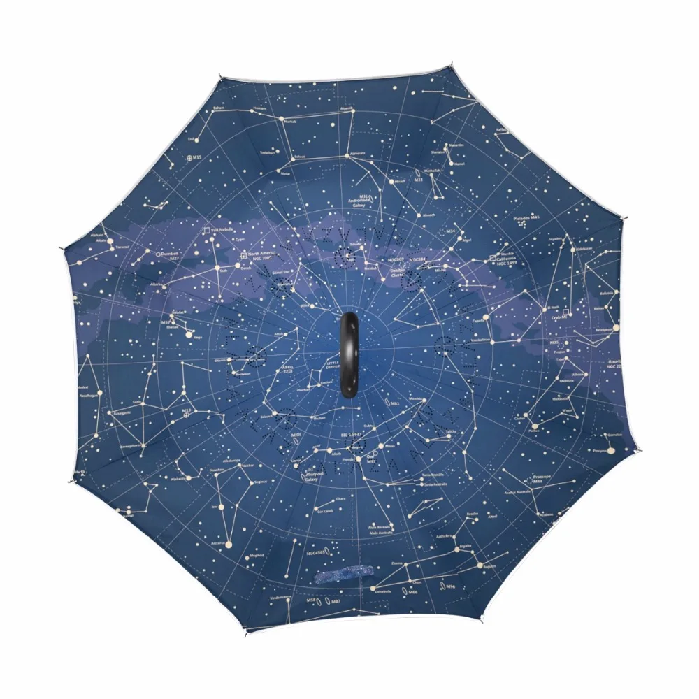 Constellation Universe Galaxy Space Stars Reverse Umbrella Rain Women Double Layer Windproof Inverted Car Umbrella Long Handle