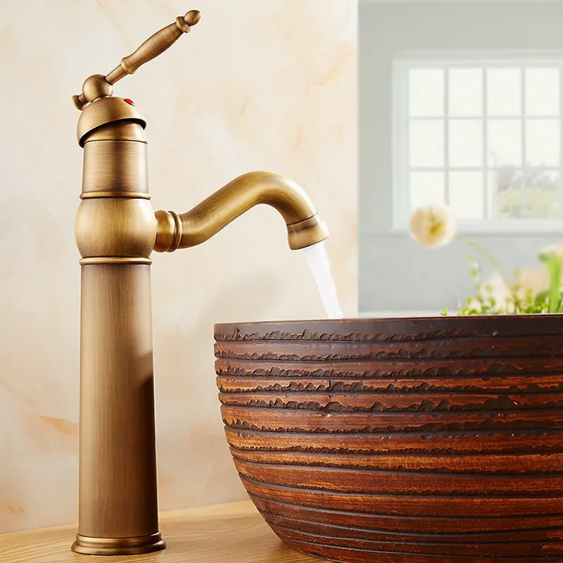 Antique Brass Swivel Spout Single Hole Basin Faucet Deck Mounted Bathroom Faucet Vanity Sink Mixer Tap KD744