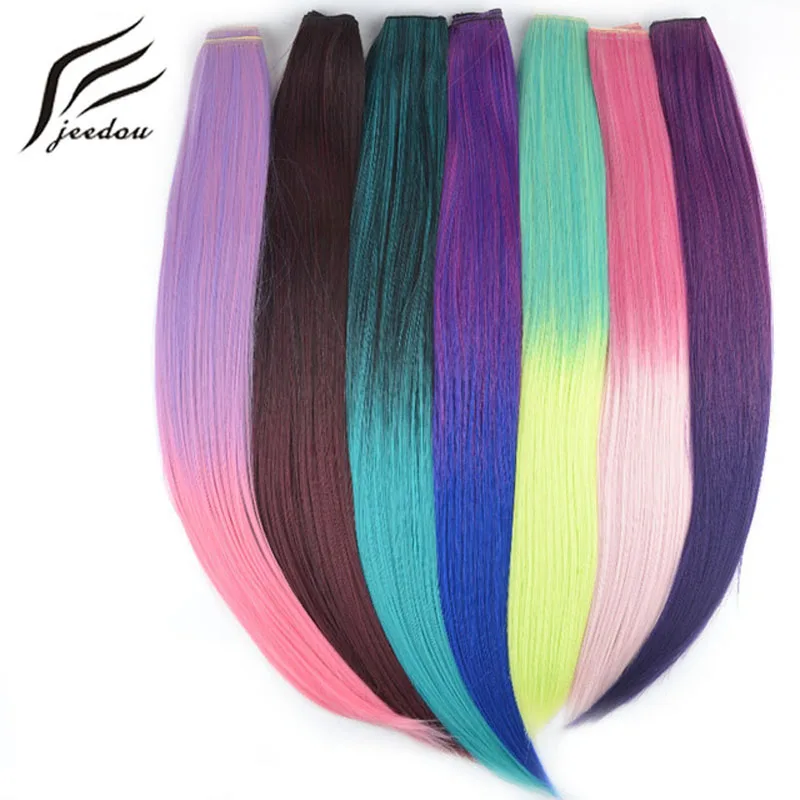 Jeedou Straight  Blue Rainbow Balayage Ombre Color Clip In One Piece Hair Extension Synthetic Halloween Cosplay Hairpiece