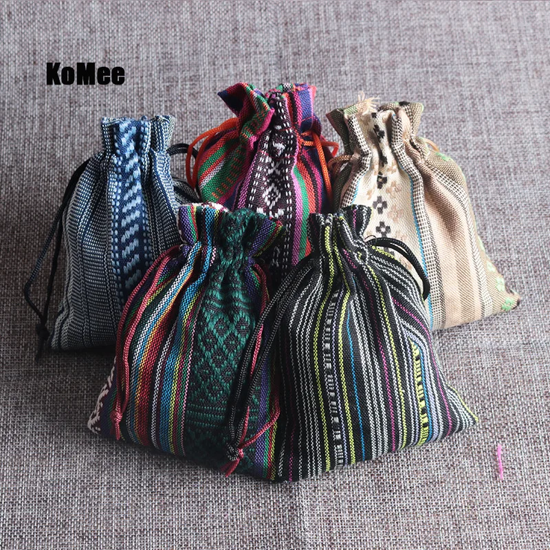 50 pcs (9x13cm) Ethnic wind cotton bags Natural Burlap Linen Jewelry Travel storage Pouch Candy jute Packing Bags for Gift bag