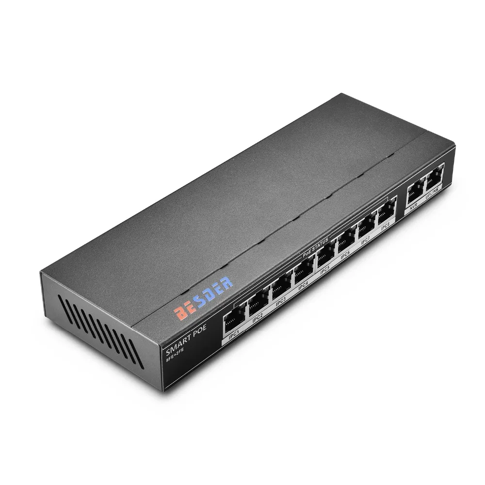 

BESDER 802.3af/at 8CH POE Switch 10 Port 10/100 Mbps CCTV Switch 250 signal transmission 8 POE Ports 1 NVR+ 1 Uplink Port 123.2W