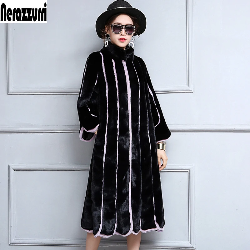 Nerazzurri Winter Fluffy Warm Long Faux Fur Coat Women Black and Purple Contrast Color Striped Patchwork Fake Fur Overcoat 2022