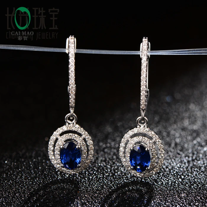 

CaiMao 14KT/585 White Gold 1.23 ct Sapphire& 0.5ct Round Cut Diamond Engagement Earrings Jewelry