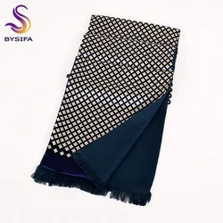[BYSIFA] Winter Men Warm Scarves Thicken Fashion Luxury 100% Silk Male Business Long Scarf Cravat Navy Blue Neck Scarf 165*24cm