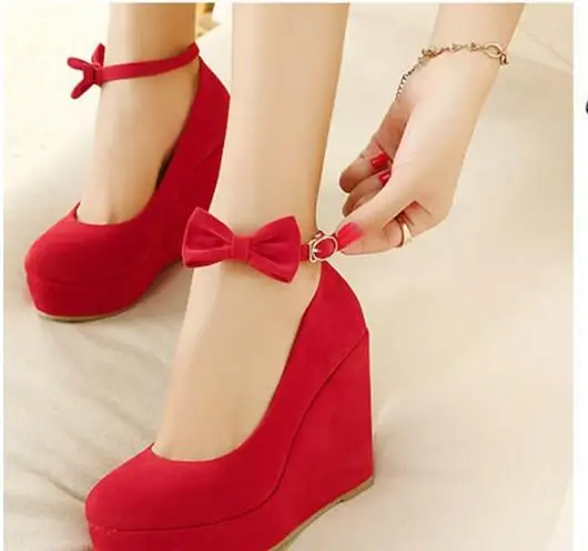 New hot Women High Heels Shoes Plus Size Platform Wedges Female Pumps Elegant Flock Buckle Bowtie Ankle Strap Party Wedding Shoe