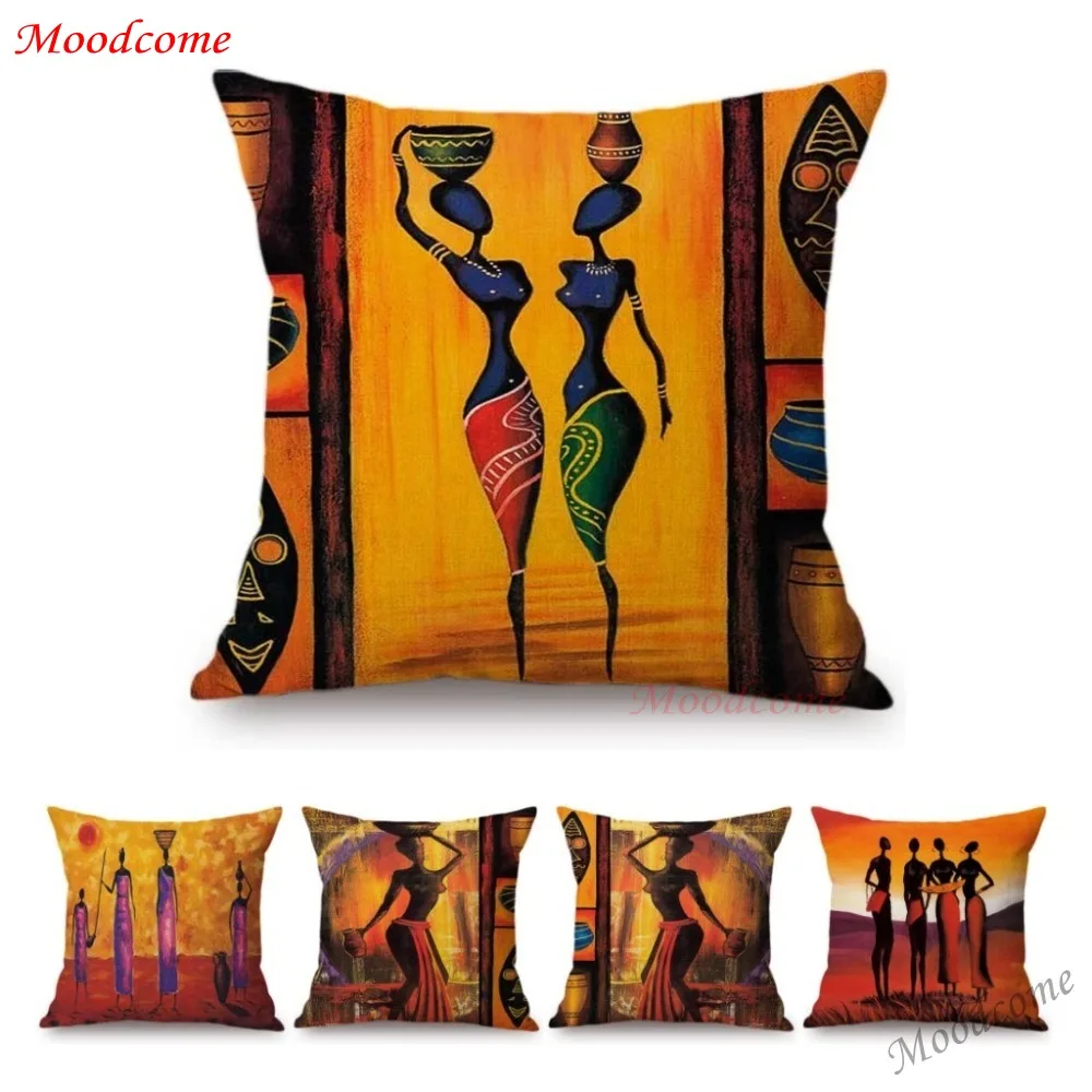 African Decoration Oil Painting Sofa Throw Pillow Case Abstract Africa Woman Girl Life Art Gallery Cotton Linen Cushion Cover