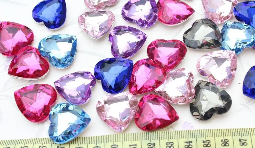 

300pcs 25mm big 3D Acrylic Crystal Bling Faceted Heart Cabochons cab mixed color glitter point back sparkling stone