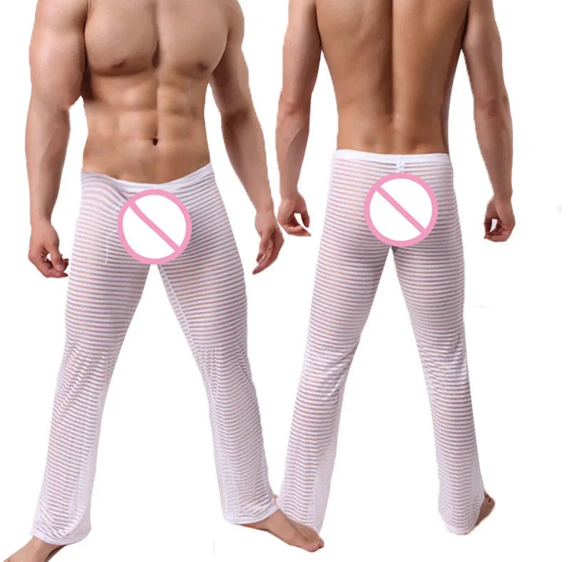 CLEVER MENMODE Sexy listrado transparente pijama calças masculinas, ver através pijamas, calças de sono, calças de comprimento total