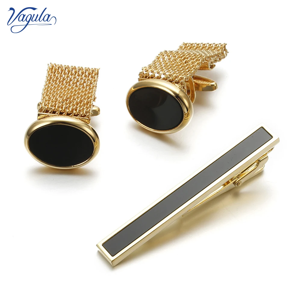 

VAGULA Black Stone Cufflinks Tie Clip Set in 3 Pcs Luxury Necktie Gemelos Clasp Gift Wedding Tie Bar Pin Men Jewelry V118