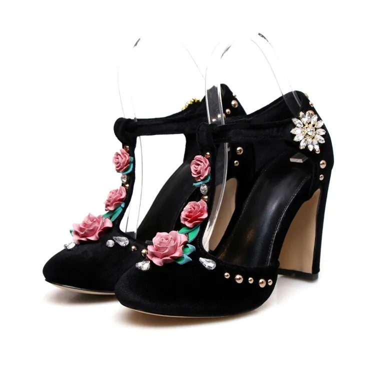 Flower Decor T-bar Pumps Wedding Mary Janes Round Toe Crystal Rivet Embellished Chunky Heel Cover Heel Woman Dress Classic Shoes