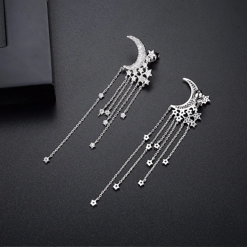 LUOTEEMI Brand Statement Shiny CZ Stars Around Moon Long Tassel Chain Dangle Earrings for Women Girl Party Fashion Accessories