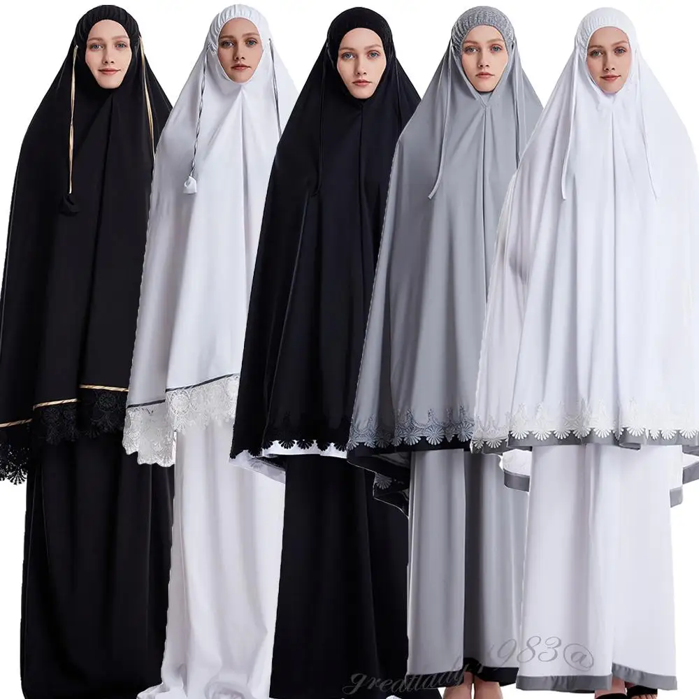 Muslim Ramadan Women Prayer Garment Full Cover with Long Hijab Thobe Abaya and Dress Set Islamic Women Lady 2 Pieces Set Robe