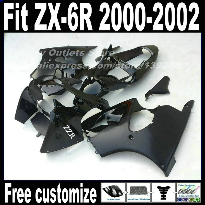 Plastic Fairings set for Kawasaki ZX6R 00 01 02 Ninja 636 all glossy black ABS fairing kit ZX-6R 2000 2001 2002 AF57