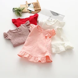 Ruffles Sleeve Lace Flowers Summer Kid Girls Blouses Tops Slub Cotton Baby Girl Shirts for Children Clothing T-Shirt