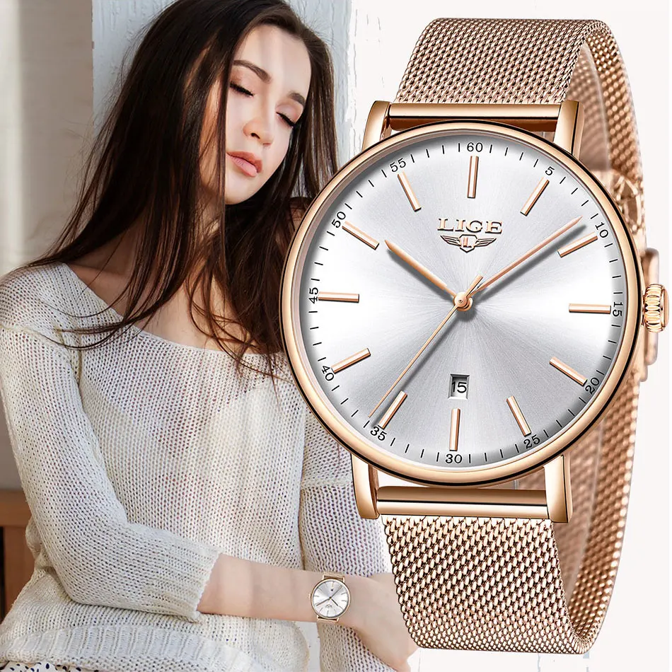 Top Brand  LIGE Womens Watches Luxury Waterproof Watch Fashion Ladies Stainless Steel Ultra-Thin Casual Wristwatch Quartz Clock