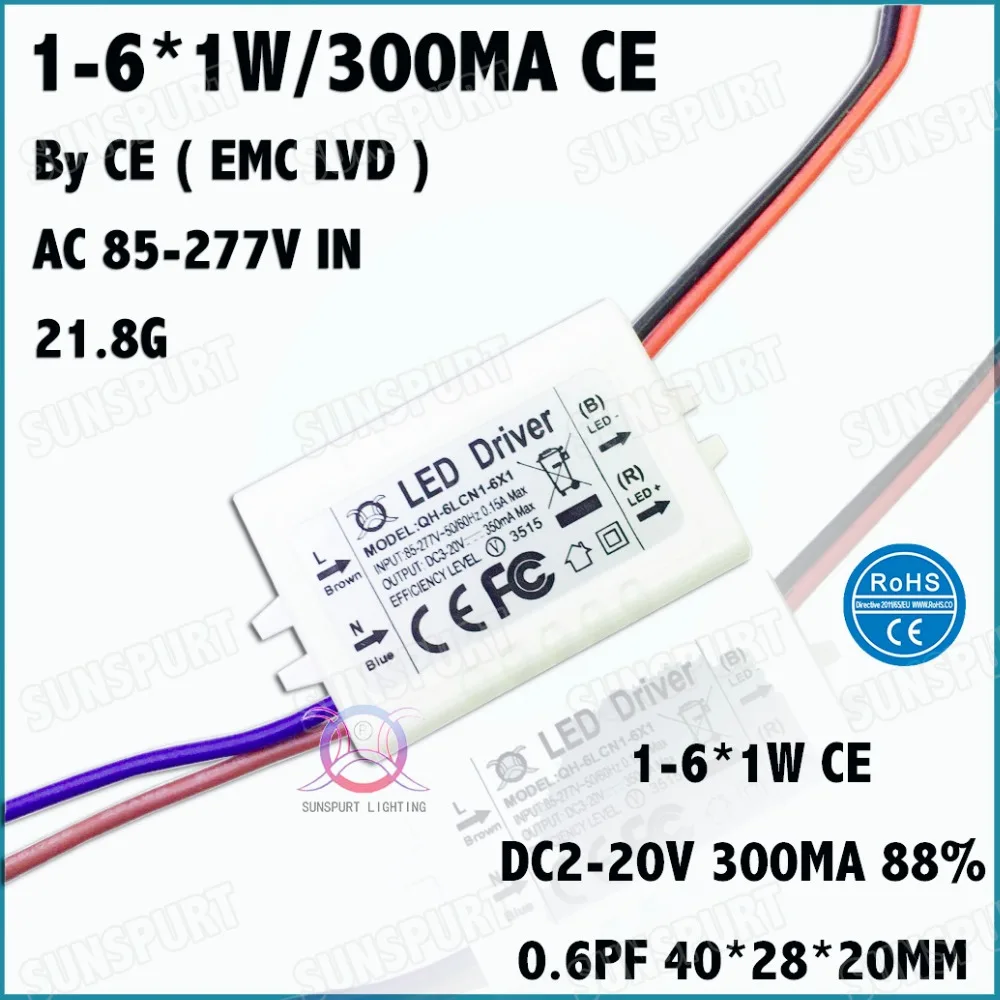 6Pcs By CE EMC LVD 6W AC85-277V LED Driver 1-6x1W 300mA DC2-20V  LED PowerSupply Constant Current For Ceiling Lamp Free Shipping