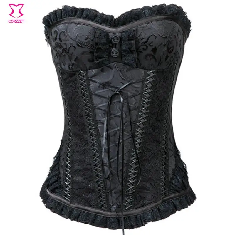 

Corzzet Black Lace Corset Steel Bone Zipper Waist Trainer Corsets Corselet Overbust Sexy Espartilhos E Corpetes Gothic Clothing