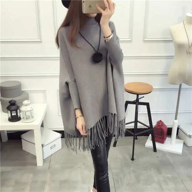 2017 Winter Women Turtleneck Pullover Korean Fashion  Loose wool Batwing Sweater Ladies Knitted Ponchos and Capes Coat