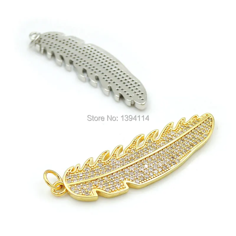 45*12*2mm Micro Pave Clear CZ Feather Charm Fit For Making DIY Bracelets Or Necklaces Jewelry