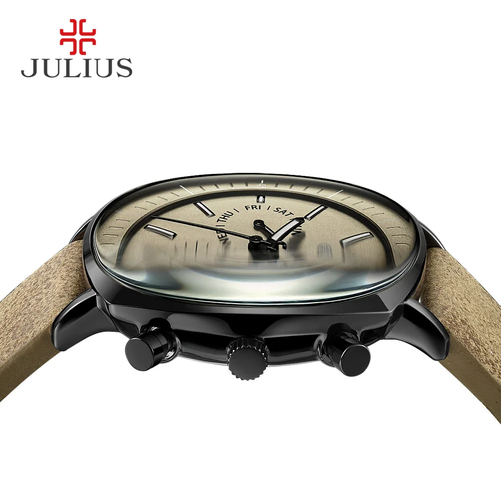 JULIUS Real Chronograph Men\'s Business Watch 3 Dials Leather Band Square Face Quartz Wristwatch High Quality Watch Gift JAH-098