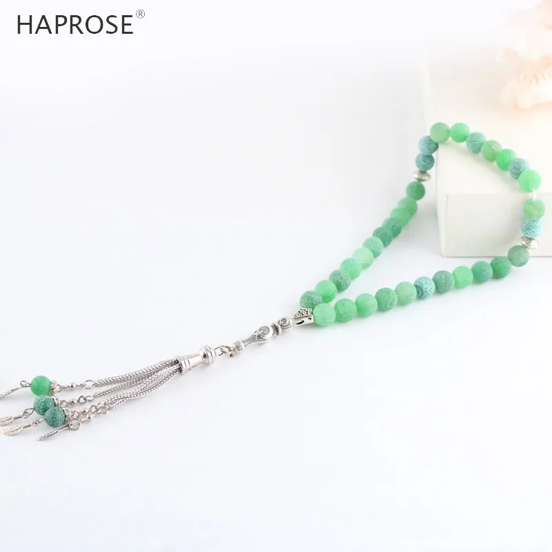 100% Natural agate bracelet Prayer Islamic Muslim tasbih Allah Rosary 33 beads green Weathered agate stone Bracelet 6-10mm