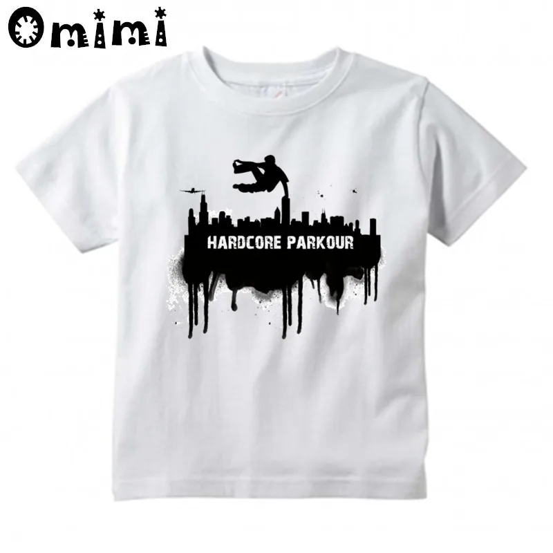 T-shirt de Parkour infantil, tops de manga curta para meninos e meninas, tops brancos engraçados, kawaii, grandes crianças, ooo6056