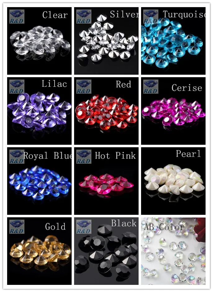 

Free DHL Shipping 10000pcs / lot 15 Colors Mixed 10mm 4Carat Wedding Decoration Acrylic Scatter Table Diamonds Table Confetti