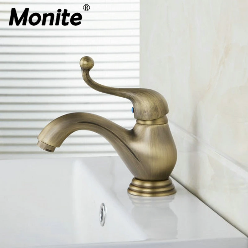 Monite Antique Brass Single Handle Spray Spout Brass Body Two Hose Deck Mount Wash Basin Sink Vessel Torneira Tap Mixer Faucet