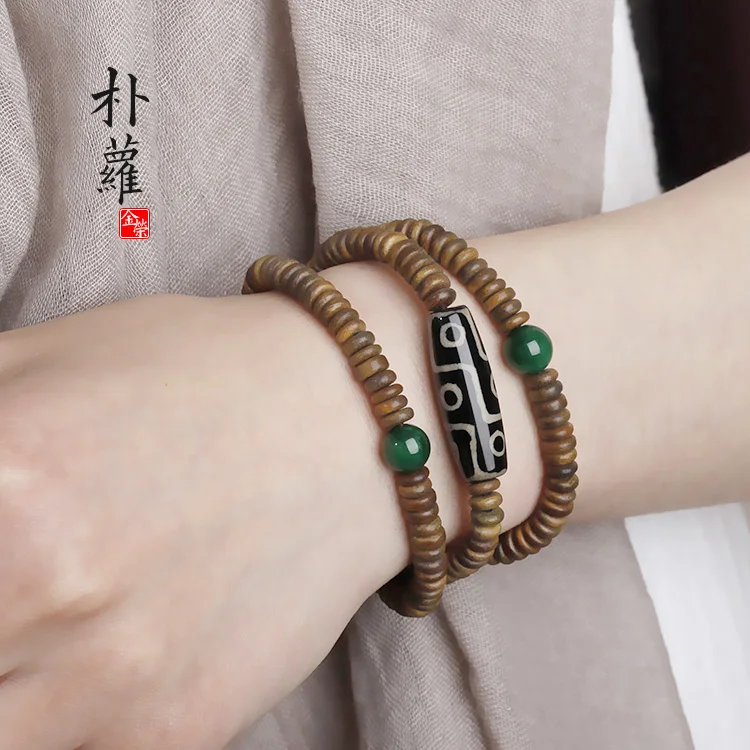 Retro Strand Bracelets Palo Santo Wood and Natural Stone Nine Eyes Dzi Ethnic Style with Green Stone  Vintage Jewelry