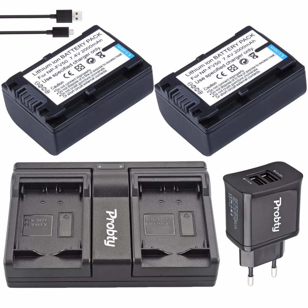 

2Pcs PROBTY NP-FV50 NP FV50 Batteries + USB Dual Charger + Plug For SONY HDR XR550E XR350E CX550E CX350E CX150E DCR SR68E SX83E