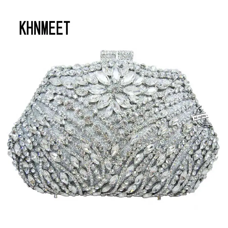 

KHNMEET Silver evening bag Luxury crystal Clutch bag rhinestone bag party purse Female pochette women wedding Day clutches SC104